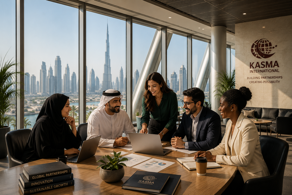 Diverse business leaders collaborating in Dubai, representing KASMA International's partnership-led approach.
